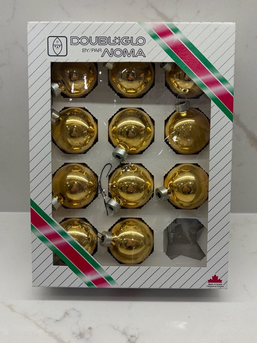 Vintage Box of 11 Mini Gold Ball Glass Christmas Ornaments Doubl Glo by Noma